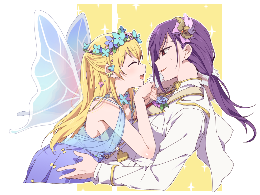 2girls ^_^ bang_dream! blonde_hair blue_dress boutonniere cape closed_eyes dress face-to-face fairy_wings formal hands_together head_wreath long_hair long_sleeves low_ponytail multiple_girls open_mouth parted_lips purple_hair re_ghotion red_eyes seta_kaoru shawl shirasagi_chisato smile sparkle suit white_cape white_suit wings yuri