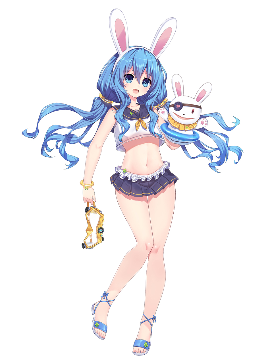 1girl :d alternate_costume alternate_hairstyle animal_ears bikini_skirt blue_eyes blue_hair blush crop_top date_a_live diving_mask full_body hair_between_eyes hair_ornament highres long_hair navel neps-l open_mouth rabbit_ears sandals simple_background smile solo swimsuit very_long_hair white_background yoshino_(date_a_live) yoshinon