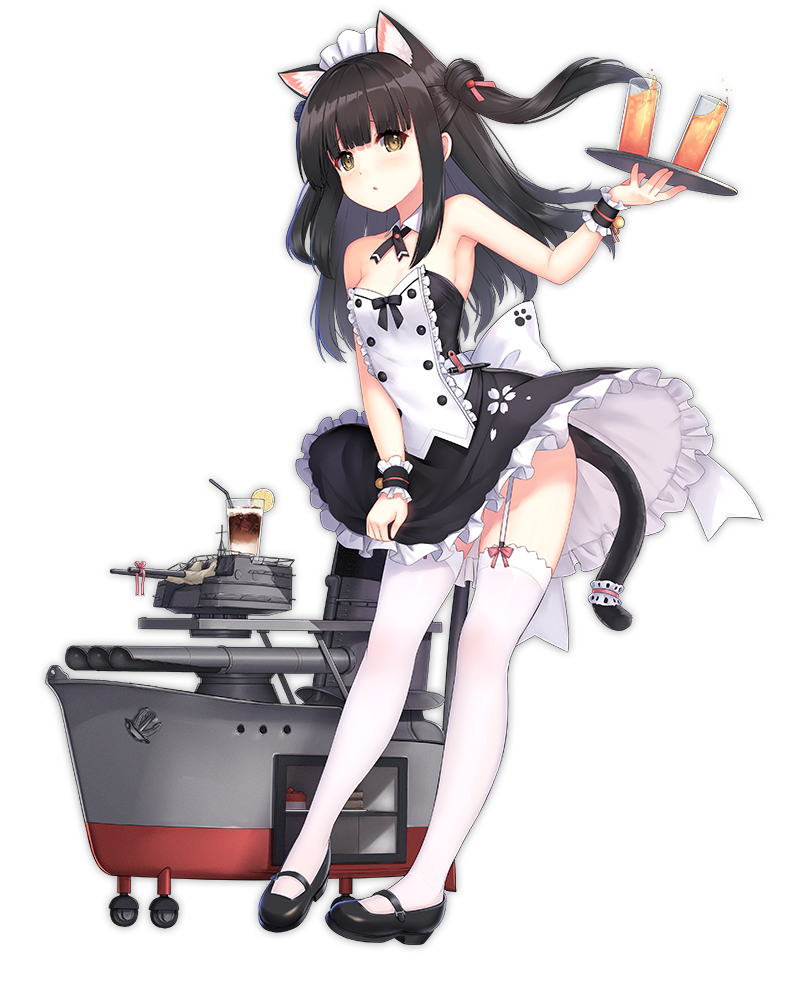 1girl allenes animal_ears azur_lane bangs bare_shoulders black_bow black_footwear black_hair blunt_bangs bow brown_hair buttons cat_ears cat_tail detached_collar dress drink drinking_straw food fruit full_body lemon lemon_slice long_hair machinery maid maid_headdress mary_janes official_art paw_print pink_ribbon plate ribbon shoes simple_background solo strapless strapless_dress tachi-e tail thigh-highs torpedo transparent_background turret two_side_up white_legwear wristband yellow_eyes yuugure_(azur_lane)