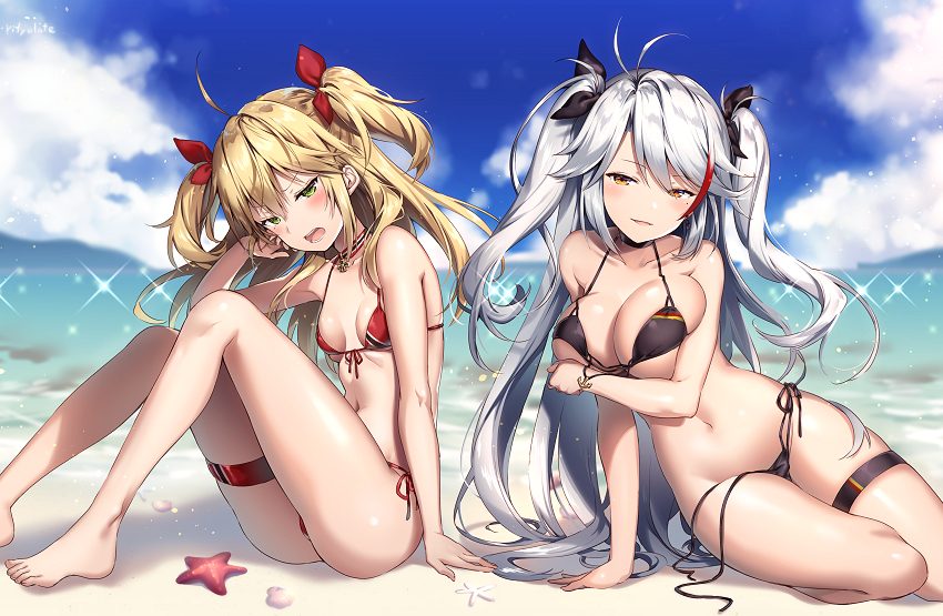 2girls admiral_hipper_(azur_lane) ahoge alternate_costume anchor arm_support ass azur_lane bangs bare_arms barefoot beach bikini black_bikini blonde_hair blue_sky blurry blush breast_hold breasts brown_eyes choker clouds commentary_request day depth_of_field eyebrows_visible_through_hair folded_leg front-tie_bikini front-tie_top green_eyes hair_between_eyes hair_ribbon head_tilt iron_cross large_breasts long_hair looking_at_viewer mole mole_under_eye multi-strapped_bikini multicolored_hair multiple_girls ocean open_mouth outdoors prinz_eugen_(azur_lane) red_bikini red_ribbon ribbon riichu sand side-tie_bikini silver_hair sitting sky sparkle starfish streaked_hair string_bikini swimsuit thigh_strap thighs two_side_up untied untied_bikini very_long_hair water yokozuwari