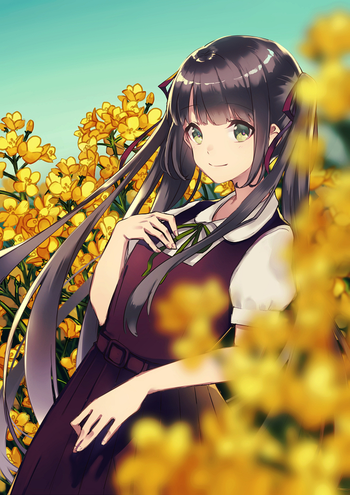 1girl aqua_background bangs belt belt_buckle blunt_bangs blurry blurry_foreground blush brown_hair buckle closed_mouth collared_shirt cowboy_shot depth_of_field dress dutch_angle eyebrows_visible_through_hair flower gradient gradient_background green_eyes green_ribbon hair_ribbon hand_on_own_chest kusaka_kou looking_at_viewer original pinafore_dress purple_dress rapeseed_blossoms red_ribbon ribbon shirt short_sleeves smile solo standing white_shirt yellow_flower