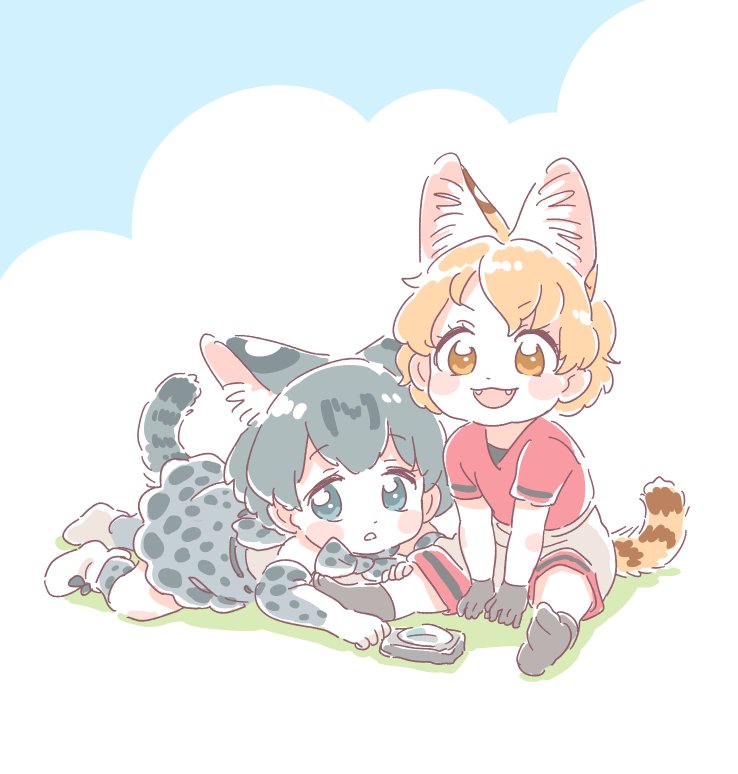 2girls :d alternate_color black_gloves blonde_hair blush_stickers child commentary cosplay extra_ears fangs gloves if_they_mated kaban_(kemono_friends) kemono_friends kemonomimi_mode looking_at_viewer lucky_beast_(kemono_friends) lying mitsumoto_jouji multiple_girls on_stomach open_mouth orange_eyes serval_(kemono_friends) serval_print serval_tail short_hair shorts sitting smile tail