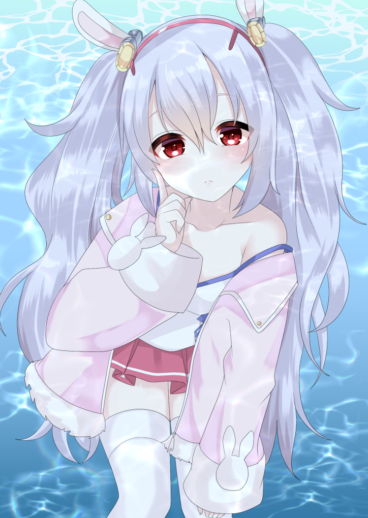 1girl animal_ears azur_lane bangs bare_shoulders blush camisole closed_mouth collarbone commentary_request eyebrows_visible_through_hair hair_between_eyes hair_ornament hairband head_tilt jacket laffey_(azur_lane) long_hair looking_at_viewer misaki_(misaki86) off_shoulder open_clothes open_jacket pink_jacket pleated_skirt rabbit_ears red_eyes red_hairband red_skirt silver_hair skirt sleeves_past_wrists solo strap_slip thigh-highs twintails underwater very_long_hair white_camisole white_legwear