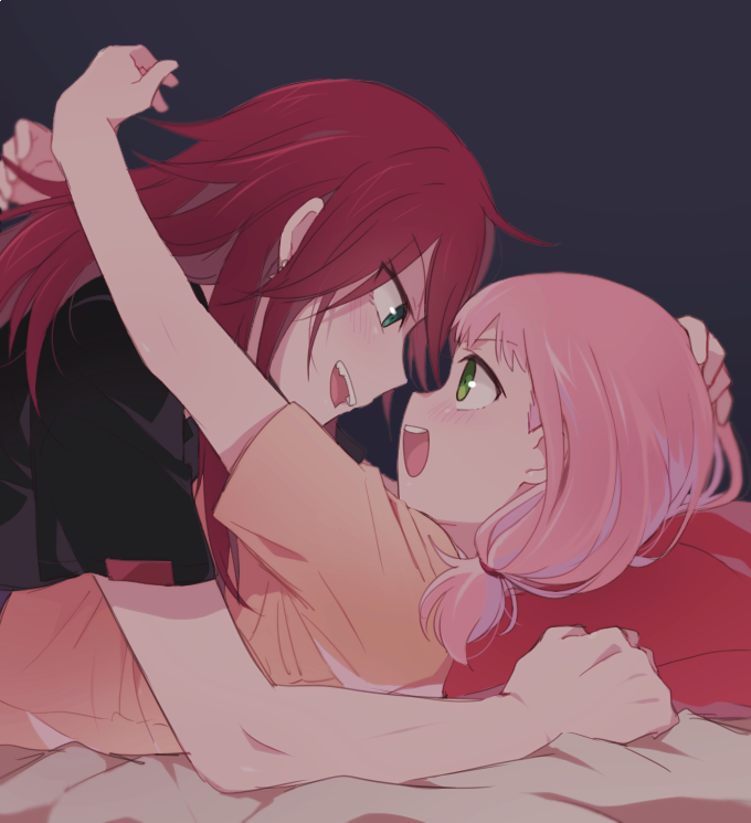 2girls :d bang_dream! bangs bed_sheet black_shirt blue_eyes dark_room earrings eye_contact face-to-face green_eyes hand_on_another's_head hug jewelry long_hair looking_at_another low_twintails lying multiple_girls on_back on_person open_mouth orange_shirt pillow pink_hair re_ghotion redhead shirt smile t-shirt twintails udagawa_tomoe uehara_himari v-shaped_eyebrows yuri
