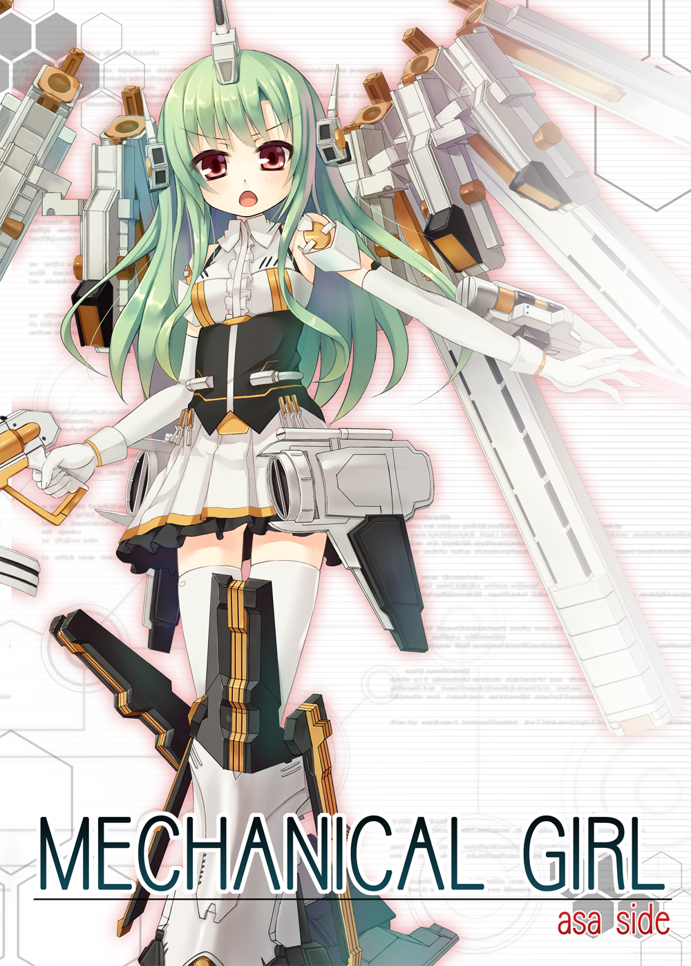 1girl armored_core armored_core:_for_answer asa_(swallowtail) bangs blush breasts commentary_request detached_sleeves eyebrows_visible_through_hair gloves green_hair gun hexagon highres holding holding_gun holding_weapon long_hair long_sleeves looking_at_viewer mechanical_boots medium_breasts noblesse_oblige_(armored_core) open_mouth original personification pleated_skirt red_eyes shirt skirt sleeveless sleeveless_shirt solo standing thigh-highs v-shaped_eyebrows very_long_hair weapon white_gloves white_legwear white_shirt white_skirt