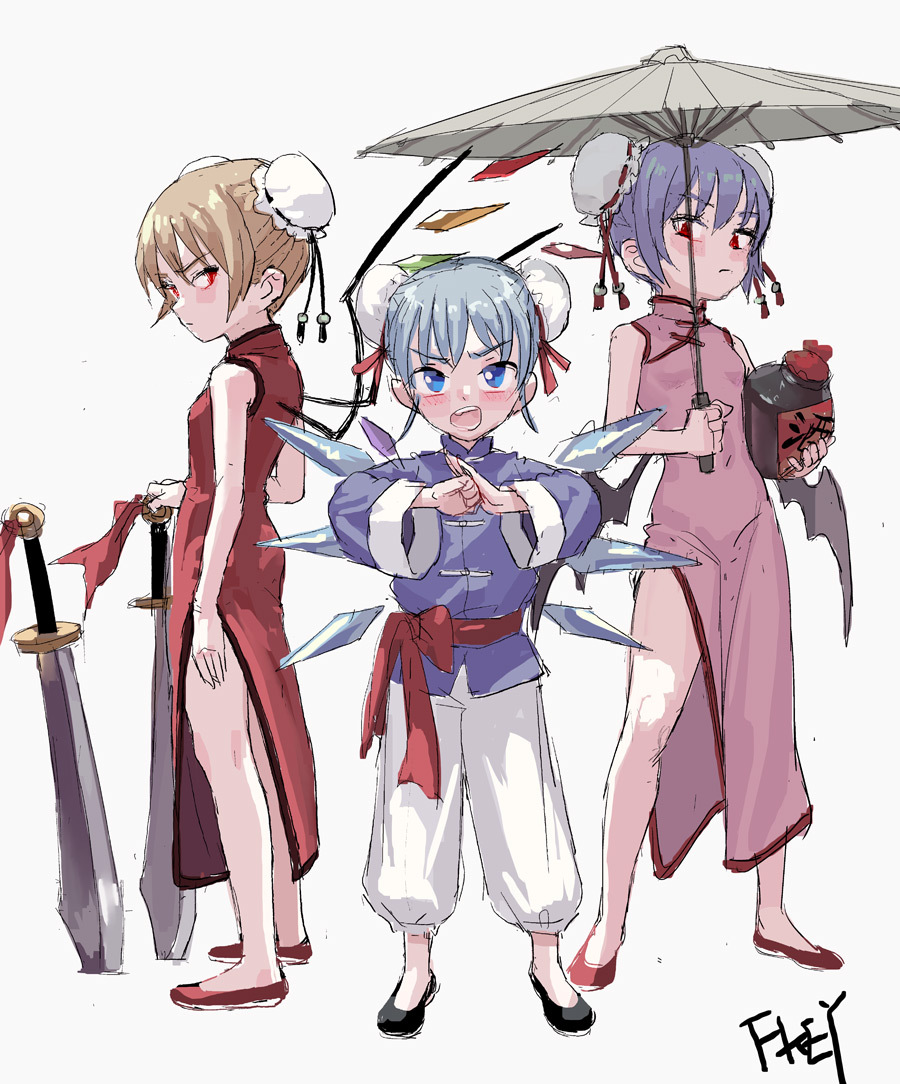 &gt;:o 3girls alternate_costume artist_name bare_arms bare_legs bare_shoulders bat_wings black_footwear blonde_hair blue_eyes blue_hair blue_shirt blush breasts bun_cover china_dress chinese_clothes chinese_commentary cirno closed_mouth commentary_request crystal double_bun dress fkey flandre_scarlet full_body grey_background holding holding_jar holding_umbrella ice ice_wings jar long_sleeves looking_at_viewer multiple_girls open_mouth oriental_umbrella own_hands_together pants pink_dress red_dress red_eyes red_footwear red_sash remilia_scarlet sash shirt shoes side_slit signature simple_background sleeveless sleeveless_dress small_breasts standing sword tassel touhou translated umbrella v-shaped_eyebrows weapon white_pants wide_sleeves wings