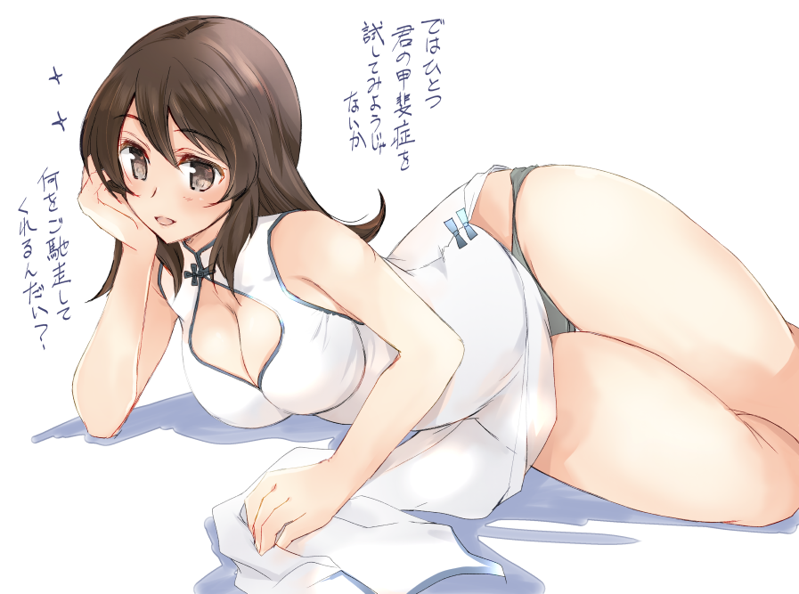 1girl abenattou arm_support bangs breasts chin_rest china_dress chinese_clothes cleavage cleavage_cutout crotch_seam dress eyebrows_visible_through_hair girls_und_panzer grey_panties long_dress long_hair looking_to_the_side lying medium_breasts mika_(girls_und_panzer) on_side open_mouth panties pantyshot pantyshot_(lying) shadow simple_background skindentation sleeveless sleeveless_dress smile sparkle thigh_gap thighs translation_request underwear white_background white_dress