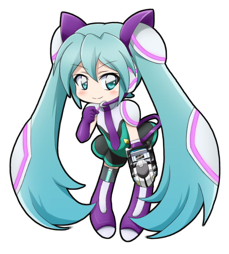 1girl bangs black_legwear black_skirt blush boots closed_mouth commentary_request elbow_gloves eyebrows_visible_through_hair full_body gloves green_eyes green_hair hair_between_eyes hair_ornament hatsune_miku_(shinkalion) knee_boots leotard long_hair looking_at_viewer mameshiba necktie purple_footwear purple_gloves purple_neckwear shinkansen_henkei_robo_shinkalion simple_background skirt smile solo standing thigh-highs twintails very_long_hair white_background