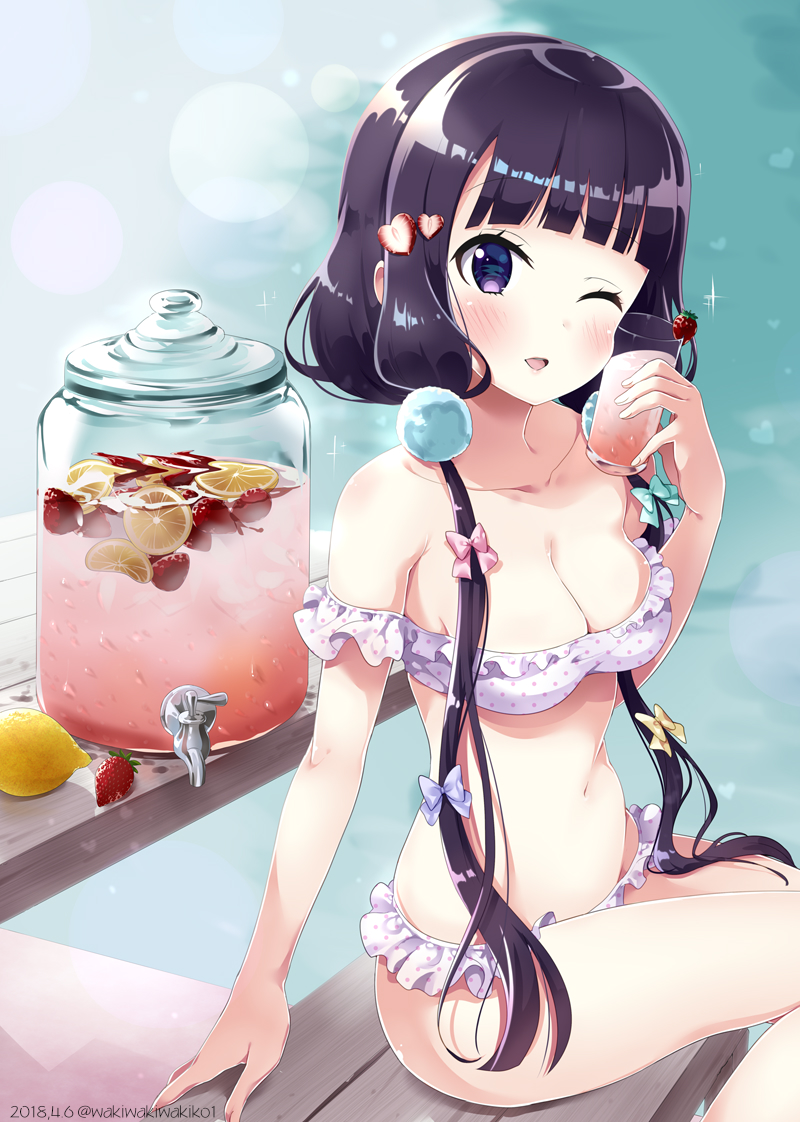 1girl ;d bangs bare_arms bare_shoulders bench bikini blend_s blush bow breasts cleavage collarbone commentary_request cup cup_to_cheek cute dated drink drinking_glass faucet fingernails food food_themed_hair_ornament fruit fruit_punch_(drink) green_bow hair_bow hair_ornament head_tilt holding holding_drinking_glass lemon lemon_slice long_hair looking_at_viewer low_twintails medium_breasts navel neki_(wakiko) on_bench one_eye_closed open_mouth parted_lips pink_bow polka_dot polka_dot_bikini purple_bow purple_hair sakuranomiya_maika sitting smile solo sparkle strapless strapless_bikini strawberry strawberry_hair_ornament swimsuit table twintails twitter_username very_long_hair violet_eyes white_bikini yellow_bow