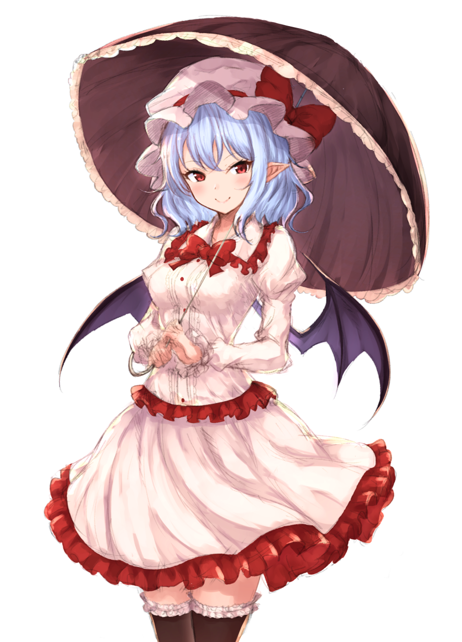 1girl bat_wings black_legwear blue_hair blush bow breasts commentary cowboy_shot dress eyebrows_visible_through_hair frilled_dress frilled_legwear frilled_shirt_collar frills hat hat_bow highres holding holding_umbrella juliet_sleeves junior27016 long_sleeves looking_at_viewer medium_breasts mob_cap neck_bow pink_dress pink_hat pointy_ears puffy_sleeves red_bow red_eyes red_neckwear remilia_scarlet short_hair simple_background smile solo standing thigh-highs touhou umbrella white_background wings zettai_ryouiki