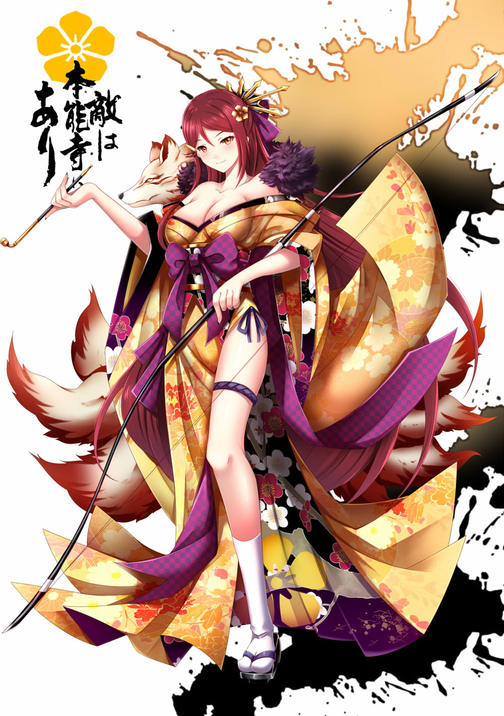 1girl aata1007 bow_(weapon) breasts cleavage floral_print flower fox_tail hair_flower hair_ornament highres inkblot japanese_clothes kimono kiseru kitsune kneehighs large_breasts love_live! love_live!_sunshine!! multiple_tails nail_polish obi pipe sakurauchi_riko sash side_slit solo standing tail thigh_strap translation_request weapon white_legwear yellow_kimono