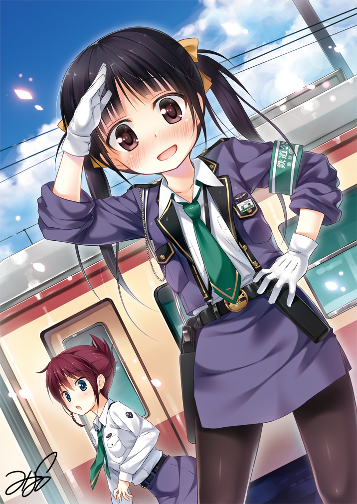 2girls :d arm_up bangs belt_buckle black_belt black_hair black_legwear blue_jacket blue_skirt blue_sky blush bow brown_bow brown_eyes buckle character_request clouds collared_shirt commentary_request day dutch_angle eyebrows_visible_through_hair gloves green_neckwear ground_vehicle hair_bow hand_on_hip jacket long_hair long_sleeves looking_at_viewer multiple_girls necktie open_clothes open_jacket open_mouth outdoors pantyhose rail_wars! salute shirt signature skirt sky smile train twintails white_gloves white_shirt yukino_minato