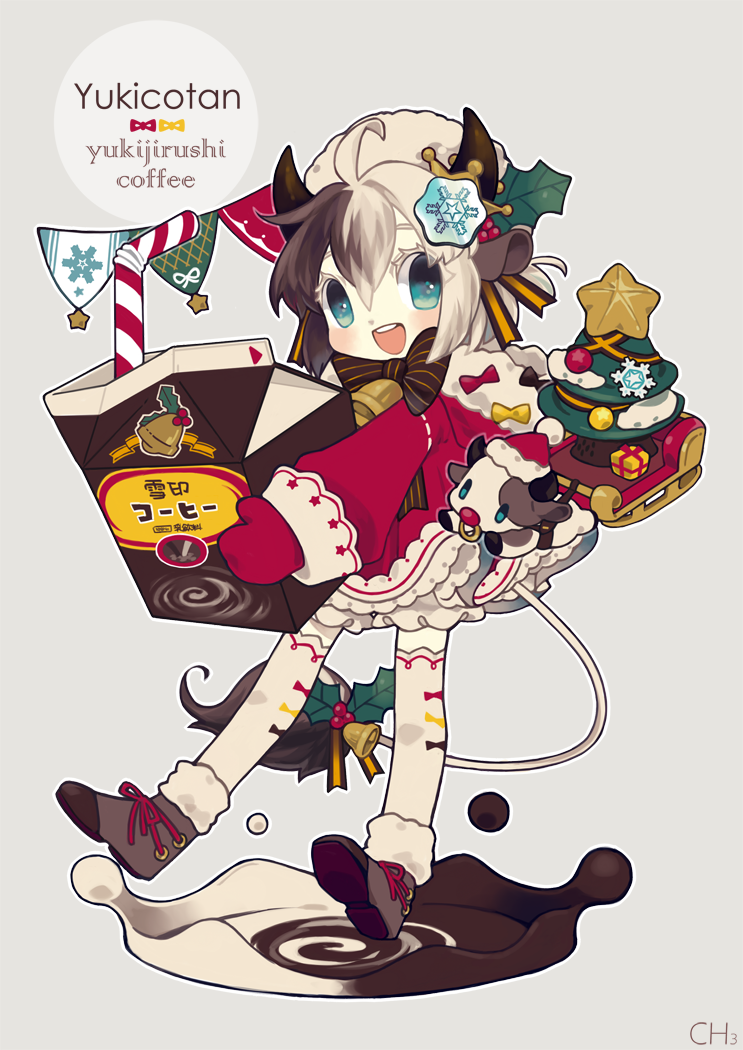 1girl animal_ears bell blue_eyes boots character_name christmas christmas_tree cow_bell cow_ears cow_girl cow_horns dress drinking_straw fur_trim grey_background hair_ornament hairclip hat horns methyl_key mittens multicolored_hair open_mouth simple_background sleigh smile thigh-highs two-tone_hair ushi_musume_yukico-tan white_legwear white_skin yukico-tan yukijirushi