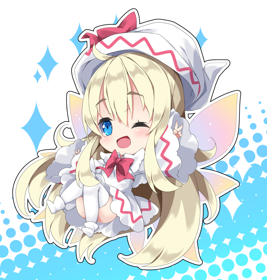 1girl ;d bangs blonde_hair blue_eyes blush boots bow chibi commentary_request dress eyebrows_visible_through_hair fairy_wings hair_between_eyes halftone halftone_background hand_up hat hat_bow lily_white long_hair long_sleeves milkpanda one_eye_closed open_mouth outstretched_arm red_bow sleeves_past_wrists smile solo sparkle thigh-highs thighs touhou v very_long_hair white_background white_dress white_footwear white_hat white_legwear wide_sleeves wings