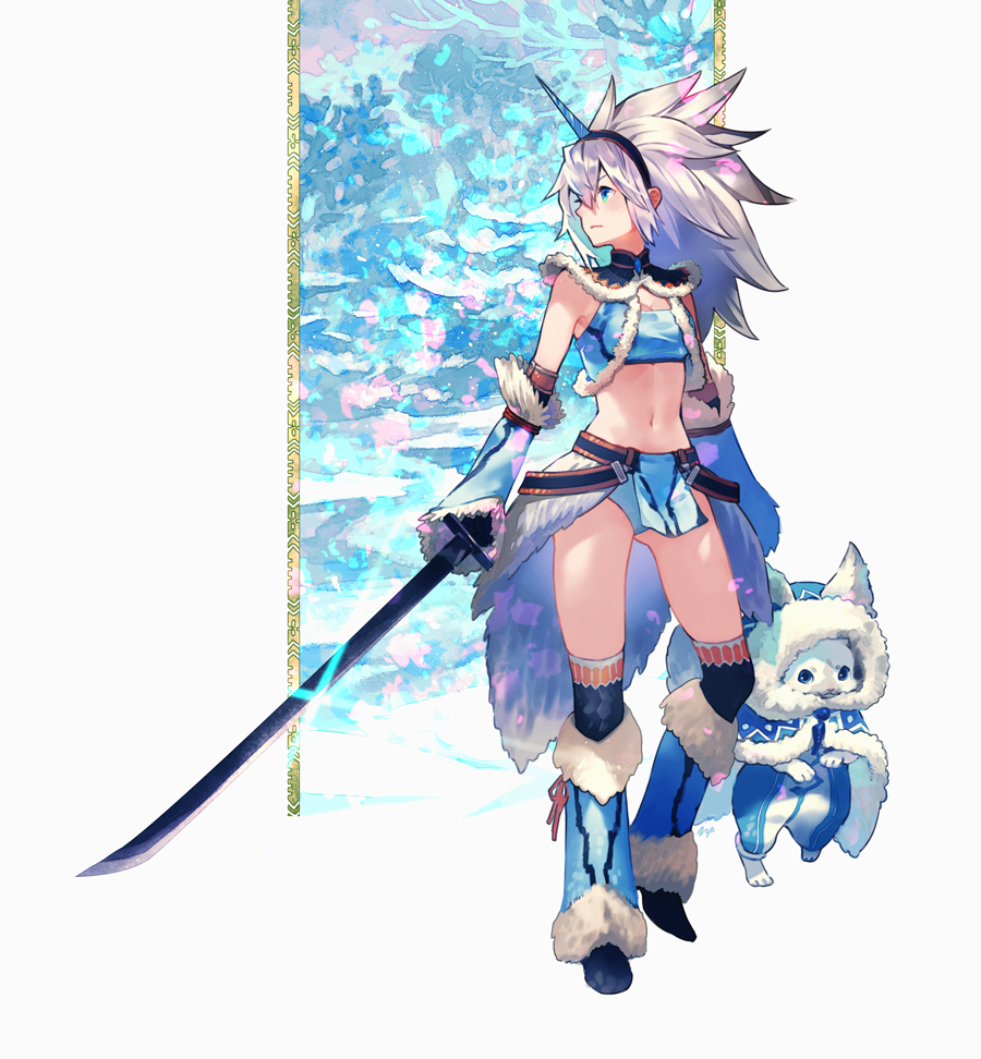 1girl animal bandeau black_hairband blue_bandeau blue_cloak blue_eyes blue_footwear blue_gloves blue_pants blush breasts cloak closed_mouth commentary_request elbow_gloves felyne fur-trimmed_boots fur-trimmed_cloak fur-trimmed_gloves fur-trimmed_hood fur_trim gloves hairband holding holding_sword holding_weapon hood hooded_cloak horn katana kirin_(armor) loincloth long_hair looking_away looking_to_the_side maeya_susumu midriff monster_hunter monster_hunter:_world navel pants revealing_clothes silver_hair small_breasts solo standing standing_on_one_leg strapless sword tobi-kadachi_(armor) tubetop weapon wolf