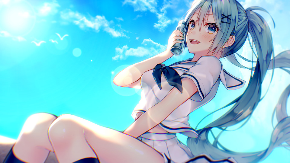 1girl aqua_eyes aqua_hair bird clouds from_side hatsune_miku kneehighs long_hair open_mouth outdoors school_uniform serafuku shiomizu_(swat) sitting skirt sky solo twintails very_long_hair vocaloid