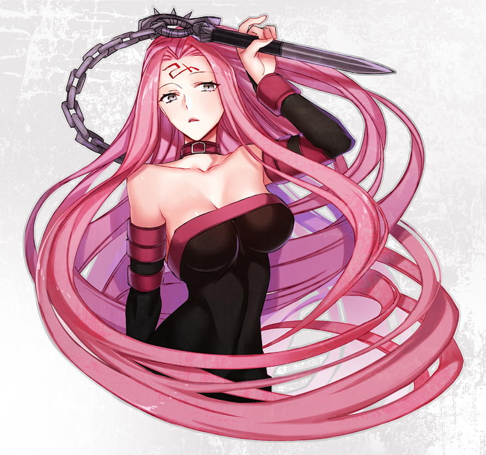 1girl bare_shoulders chains collar collarbone detached_sleeves dress fate/stay_night fate_(series) long_hair looking_at_viewer medusa_(fate) medusa_(fate)_(all) nameless_dagger purple_hair rider solo spike square_pupils strapless strapless_dress upper_body very_long_hair violet_eyes ycco_(estrella)