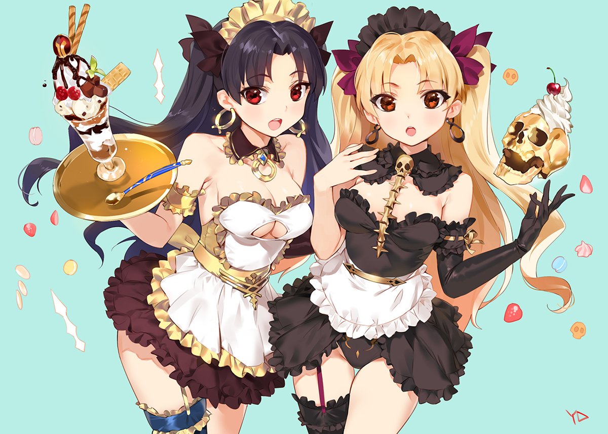 2girls adapted_costume alternate_costume apron bare_legs black_detached_collar black_dress black_hair blonde_hair breasts cleavage cream detached_collar dress dual_persona ereshkigal_(fate/grand_order) fate/grand_order fate_(series) female food holding holding_tray ice_cream ishtar_(fate/grand_order) legs looking_at_viewer maid_apron maid_headdress medium_breasts multiple_girls open_mouth red_eyes skull smile spoon standing strapless strapless_dress strawberry tohsaka_rin tray two_side_up type-moon waitress white_dress yang-do