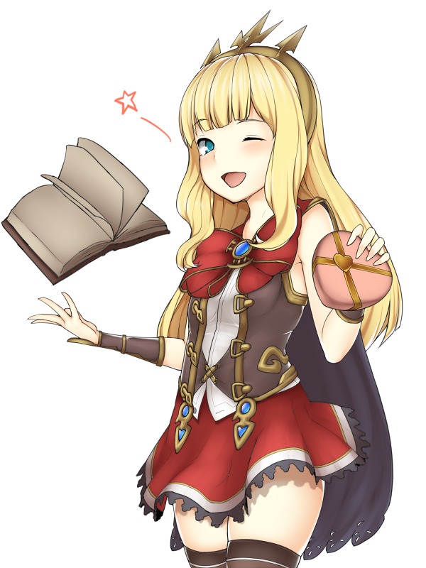 1girl :d aqua_eyes bangs black_cape black_legwear blonde_hair blunt_bangs blush book bow cagliostro_(granblue_fantasy) cape cowboy_shot floating_book granblue_fantasy hairband heart long_hair looking_at_viewer moshi_(atelier33-4) one_eye_closed open_mouth red_bow red_skirt simple_background skirt sleeveless smile solo star thigh-highs vambraces white_background zettai_ryouiki