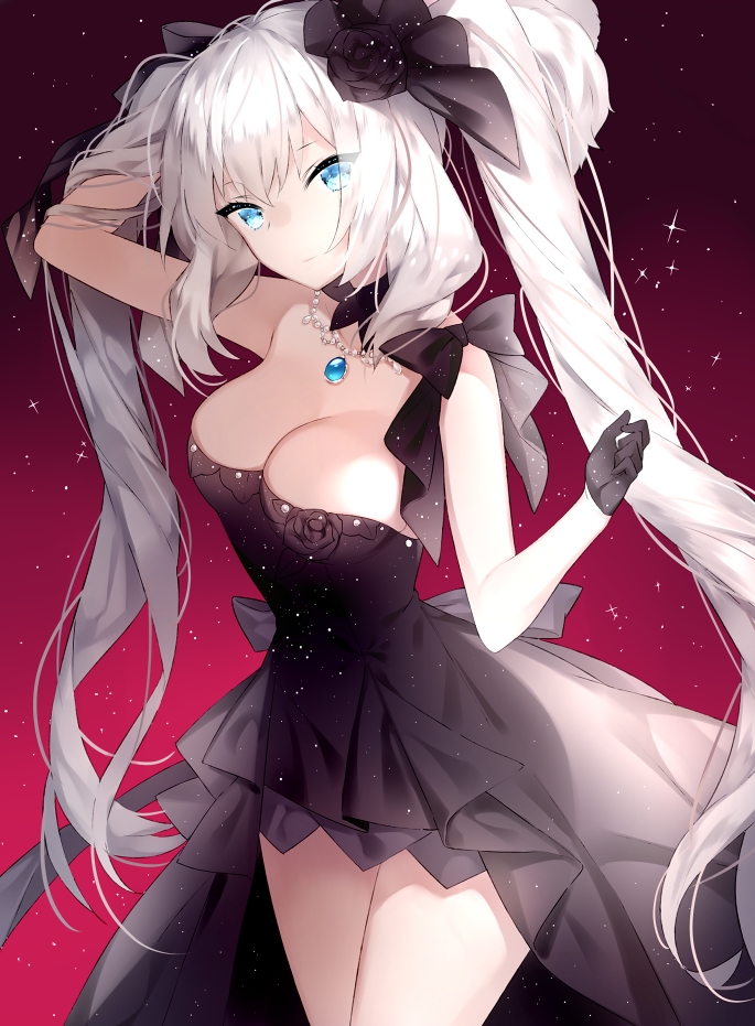 1girl bangs black_dress black_gloves blue_eyes breasts cleavage dress fate/grand_order fate_(series) gloves jewelry large_breasts long_hair looking_at_viewer marie_antoinette_(fate/grand_order) necklace pendant silver_hair smile solo touwa_nikuman twintails very_long_hair