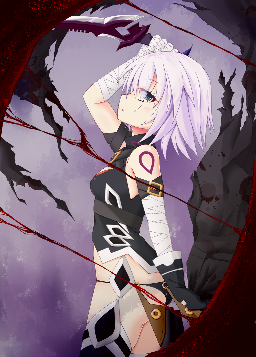 1girl arm_up ass bandage bandaged_arm bangs bare_shoulders black_cloak black_gloves black_legwear black_panties black_shirt blood blood_stain blush breasts cloak_removed cowboy_shot dagger eyebrows_visible_through_hair fate/grand_order fate_(series) from_side gloves green_eyes hair_between_eyes highres holding holding_dagger holding_weapon jack_the_ripper_(fate/apocrypha) looking_at_viewer looking_to_the_side noname_(reticulian) panties parted_lips profile scar scar_across_eye shirt shoulder_tattoo silver_hair single_glove sleeveless sleeveless_shirt small_breasts solo tattoo thigh-highs torn_cloak torn_clothes underwear weapon