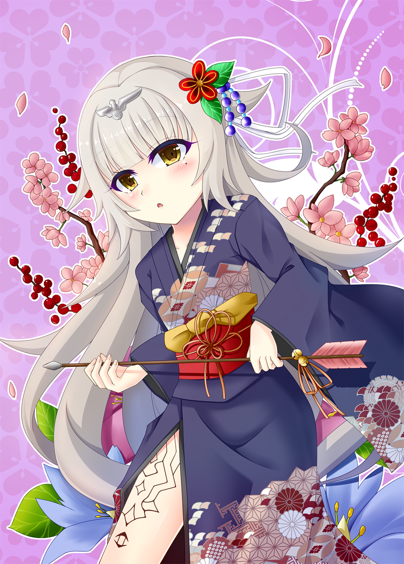 1girl :o arrow azur_lane bell black_kimono blue_flower blush brown_eyes brown_ribbon commentary_request flower grey_hair hair_flaps hair_flower hair_ornament hair_ribbon hamaya holding_arrow japanese_clothes jingle_bell kimono long_hair long_sleeves looking_at_viewer noname_(reticulian) obi parted_lips pink_flower print_kimono purple_background red_flower ribbon sash solo tattoo very_long_hair white_ribbon wide_sleeves z46_(azur_lane)