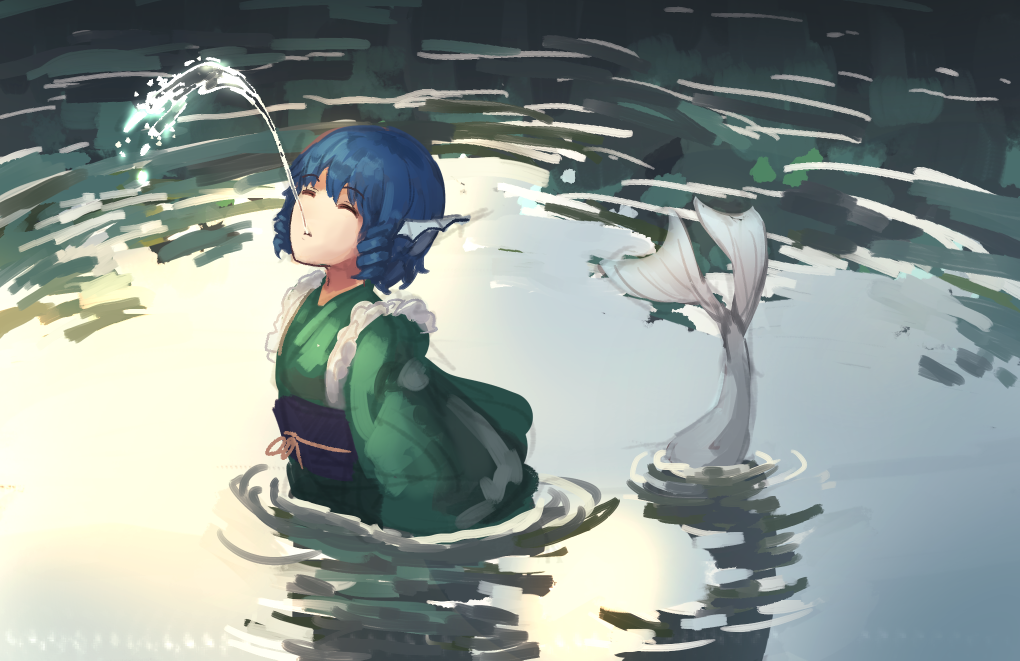 1girl bat_wings bionekojita blue_hair closed_eyes drill_hair evening eyebrows_visible_through_hair fish_tail frilled_kimono frills green_kimono head_wings japanese_clothes kimono lake long_hair mermaid monster_girl outdoors partially_submerged purple_sash sash short_hair solo spitting torn_clothes touhou twin_drills wakasagihime water wide_sleeves wings