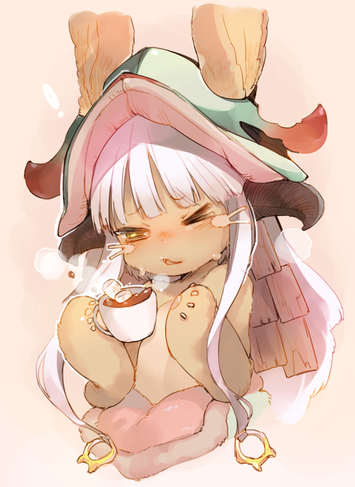 &gt;_o 1girl animal_ears blush fang food fujisawa_machi hot_chocolate long_hair looking_away made_in_abyss marshmallow nanachi_(made_in_abyss) one_eye_closed parted_lips rabbit_ears solo upper_body white_hair yellow_eyes