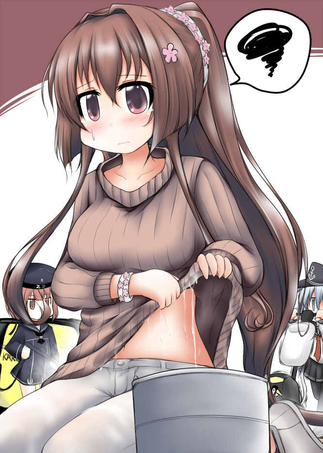 3girls breasts brown_hair brown_sweater bucket cherry_blossoms cleavage commentary_request feet_out_of_frame hibiki_(kantai_collection) kantai_collection long_hair multiple_girls ouno_(nounai_disintegration) pants ponytail ribbed_sweater solo_focus speech_bubble spoken_squiggle squiggle sweat sweater wet wet_clothes wet_sweater white_pants wringing_clothes yamato_(kantai_collection) z3_max_schultz_(kantai_collection)