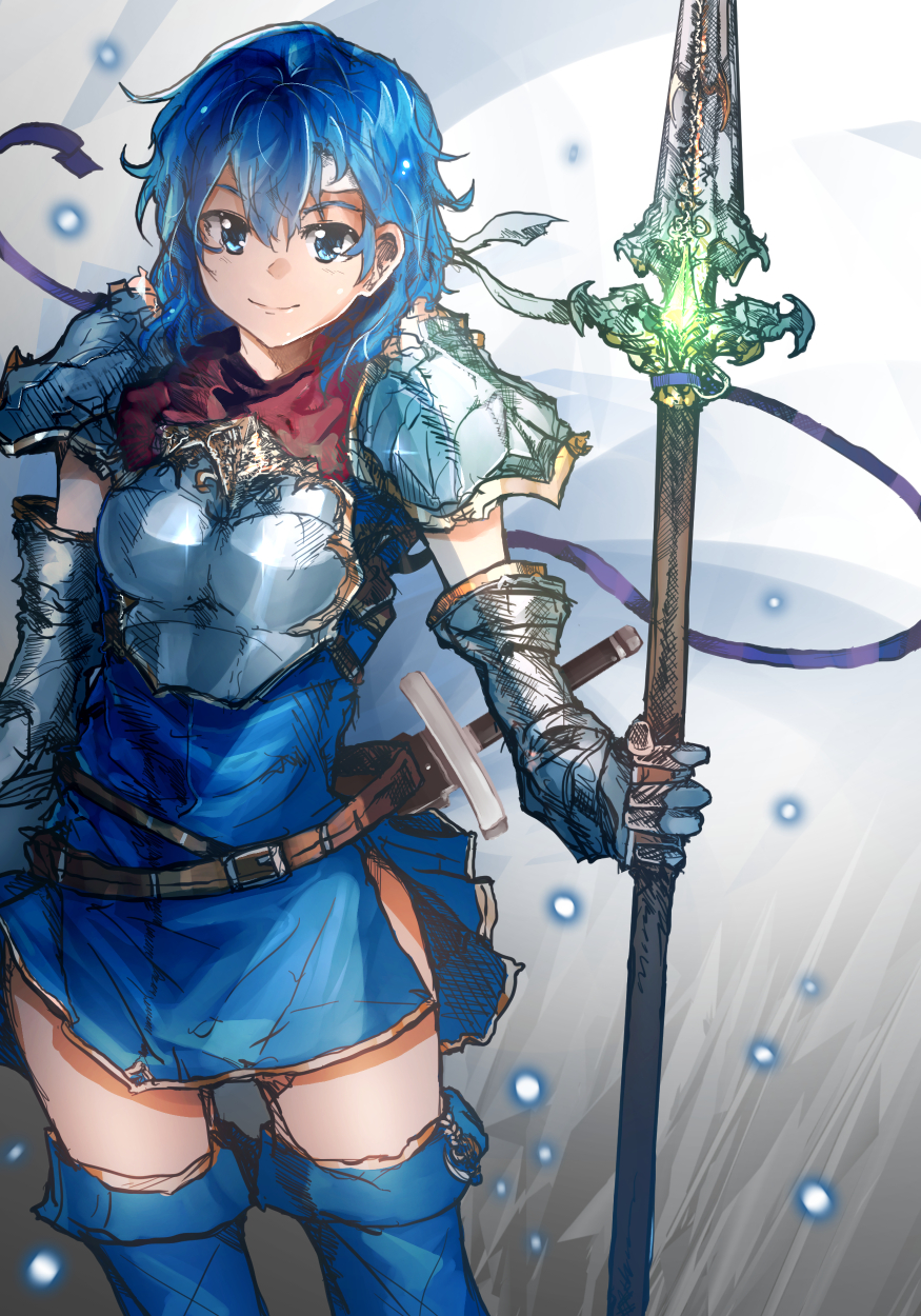 1girl anonamos armor blue_eyes blue_hair breastplate fire_emblem fire_emblem:_ankoku_ryuu_to_hikari_no_tsurugi fire_emblem:_mystery_of_the_emblem fire_emblem:_shin_ankoku_ryuu_to_hikari_no_tsurugi fire_emblem:_shin_monshou_no_nazo gloves headband highres holding holding_spear holding_weapon katua looking_at_viewer pauldrons polearm skirt smile solo spear sword weapon