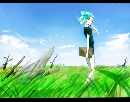 1other androgynous blue_sky clipboard clouds gem_uniform_(houseki_no_kuni) grass green_eyes green_hair houseki_no_kuni landscape letterboxed looking_at_viewer outdoors phosphophyllite scenery short_hair shumiko_(kamenokoueki) sky solo sparkle