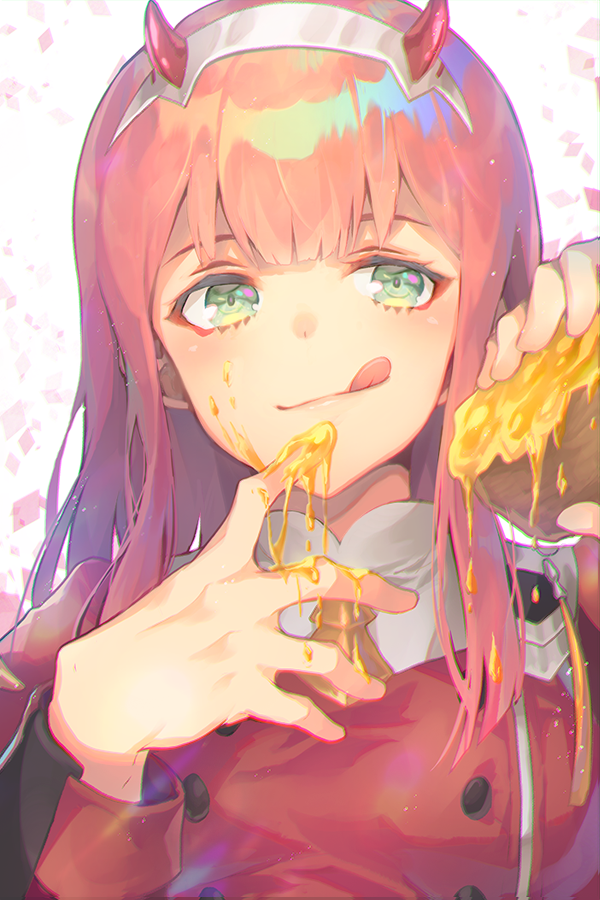 1girl :q blush closed_mouth darling_in_the_franxx double-breasted dripping eyeshadow food food_on_face food_on_finger g.t green_eyes hairband hands_up holding holding_food honey horns long_hair long_sleeves looking_at_viewer makeup military military_uniform shiny shiny_hair smile solo tongue tongue_out uniform upper_body white_background white_hairband zero_two_(darling_in_the_franxx)