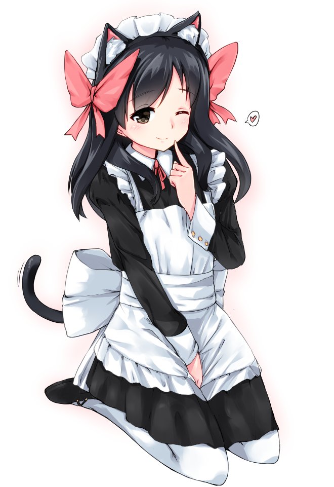 1girl akasaka_ikuno alternate_costume animal_ears apron bangs black_dress black_eyes black_footwear black_hair bow cat_ears cat_tail collared_dress commentary_request debutya_aki dress enmaided eyebrows_visible_through_hair fake_animal_ears fake_tail finger_to_mouth full_body hair_bow heart long_hair long_sleeves looking_at_viewer maid maid_apron mary_janes medium_dress motion_lines neck_ribbon one_eye_closed pantyhose pink_bow pink_neckwear ribbon saki seiza shoes simple_background sitting smile solo spoken_heart tail white_apron white_background white_legwear
