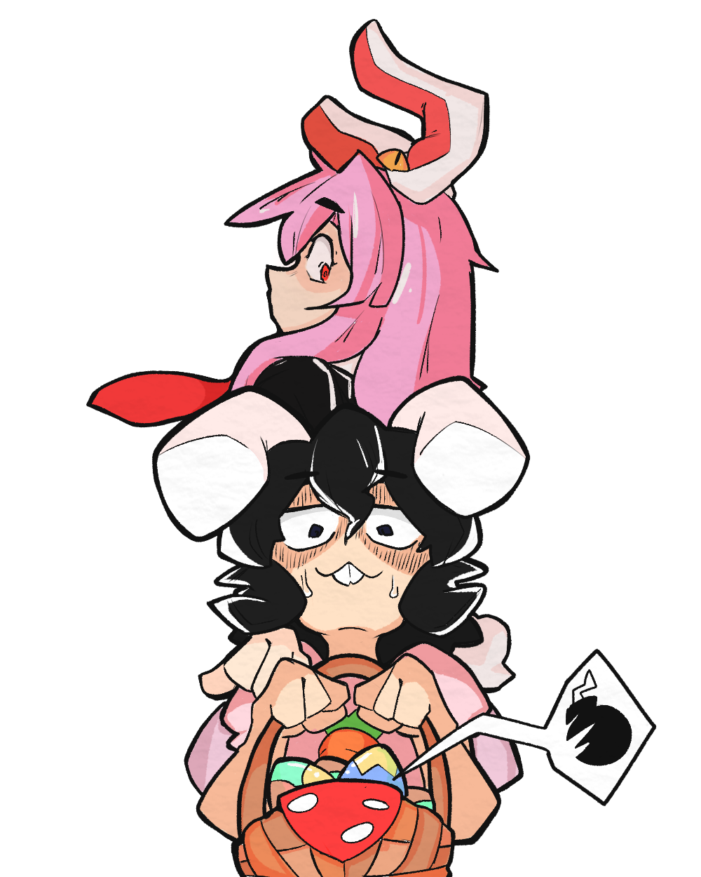 2girls :3 animal_ears bangs basket black_eyes black_hair bomb buck_teeth carrot_necklace closed_mouth commentary dress easter_egg egg english_commentary eyebrows_visible_through_hair floppy_ears highres holding holding_basket inaba_tewi kappamin long_hair looking_at_viewer multiple_girls necktie pink_dress pink_hair rabbit_ears rabbit_girl red_eyes red_necktie reisen_udongein_inaba shaded_face short_hair simple_background sweat teeth touhou upper_body wavy_hair white_background