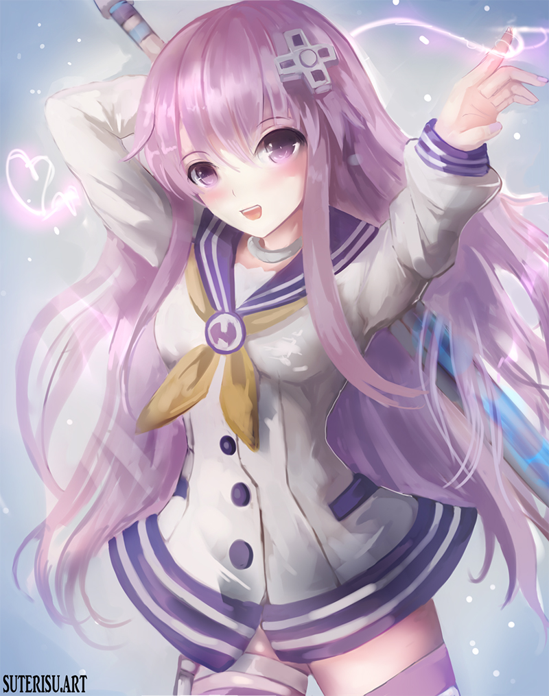 1girl :d blush choker commentary_request cowboy_shot d-pad d-pad_hair_ornament dress hair_between_eyes hair_ornament hand_up holding holding_sword holding_weapon long_hair looking_at_viewer nepgear neptune_(series) open_mouth over_shoulder purple_hair sailor_dress smile solo striped striped_legwear suterisu sword sword_over_shoulder thigh-highs upper_teeth very_long_hair violet_eyes weapon weapon_over_shoulder white_choker