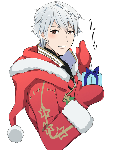 1boy cape christmas fire_emblem fire_emblem:_kakusei fire_emblem_heroes gift gloves looking_at_viewer male_focus male_my_unit_(fire_emblem:_kakusei) mamkute mejiro my_unit_(fire_emblem:_kakusei) robe robin santa_costume short_hair simple_background smile white_background white_hair