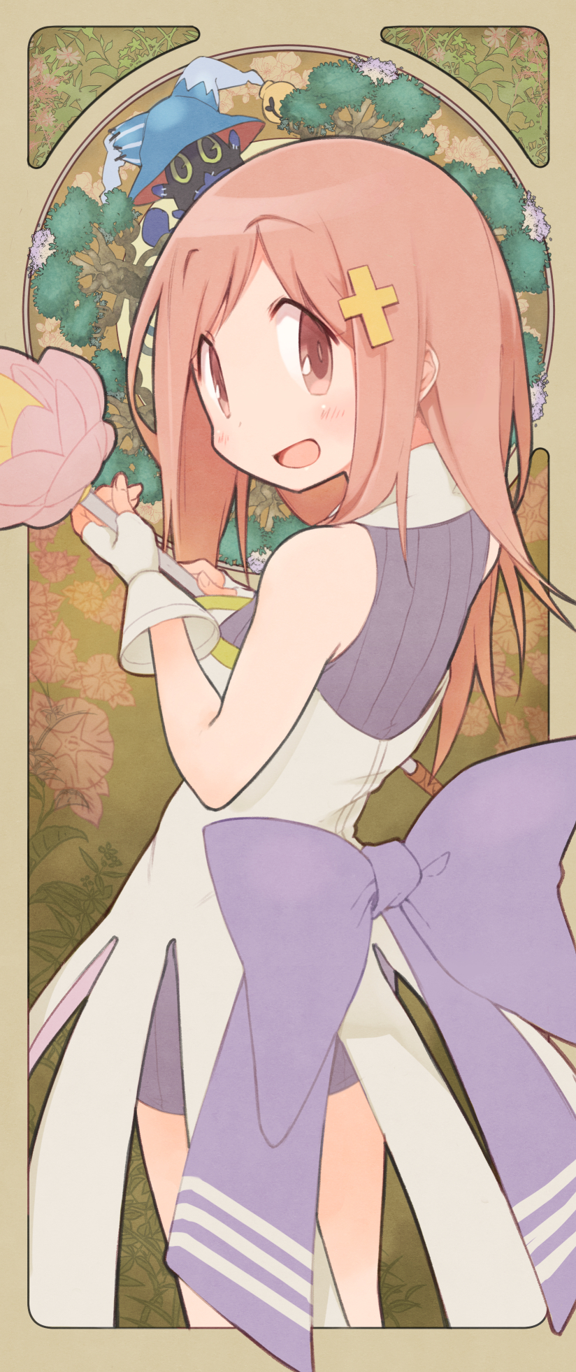 1girl aikawa_chiho blue_bow blush bow brown_eyes brown_hair cross_hair_ornament eyebrows_visible_through_hair flower from_behind hair_ornament highres holding holding_flower looking_at_viewer medium_hair okayparium open_mouth smile solo yuyushiki