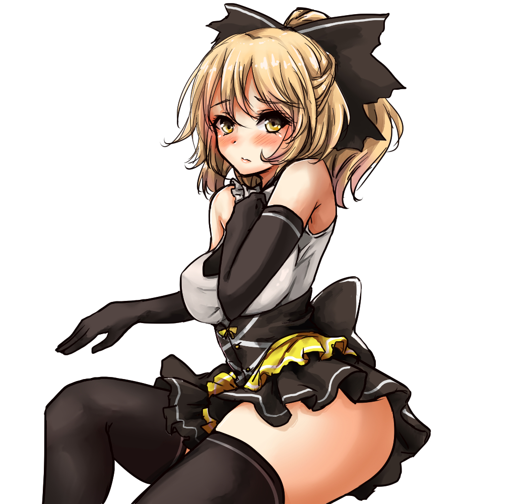 1girl amagi_(amagi626) black_bow black_gloves black_legwear black_skirt blonde_hair blush bow cowboy_shot elbow_gloves gloves hair_bow kurodani_yamame looking_at_viewer miniskirt ponytail skirt sleeveless solo thigh-highs touhou yellow_eyes