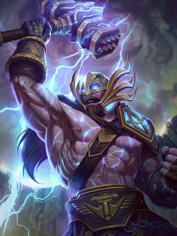 1boy abs blonde_hair blue_eyes clouds cloudy_sky electricity fur_trim gloves glowing glowing_eyes hammer helmet jon_neimeister long_hair male_focus mask nipples official_art open_mouth shirtless sky smite solo teeth thor_(smite)