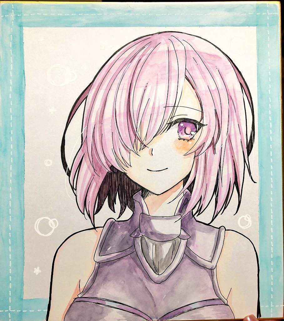 1girl armor bangs bare_shoulders blush closed_mouth commentary fate/grand_order fate_(series) gorget hair_over_one_eye looking_at_viewer mash_kyrielight one_eye_covered photo purple_hair short_hair sleeveless smile solo tanaji traditional_media upper_body violet_eyes