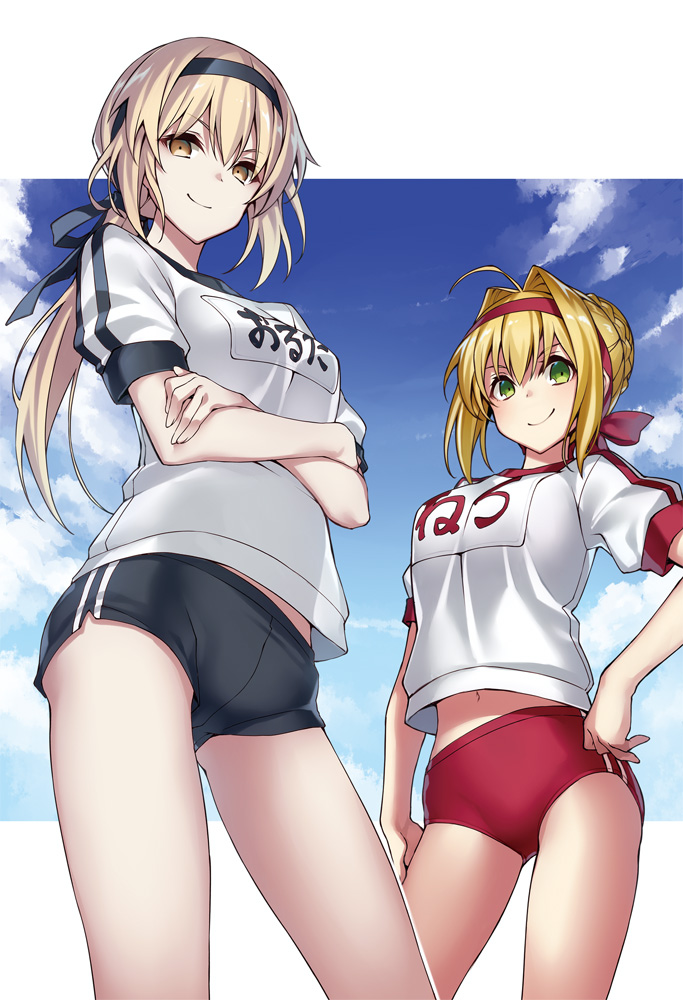 2girls ahoge artoria_pendragon_(all) black_buruma black_headband blonde_hair blue_sky braid breasts buruma clouds crossed_arms fate/extra fate/grand_order fate/stay_night fate_(series) french_braid green_eyes gym_uniform hair_intakes headband hips kodama_yuu large_breasts looking_at_viewer medium_breasts multiple_girls name_tag navel nero_claudius_(fate) nero_claudius_(fate)_(all) olympian_bloomers pale_skin ponytail red_buruma red_headband saber_alter shirt short_sleeves sky smile t-shirt thighs