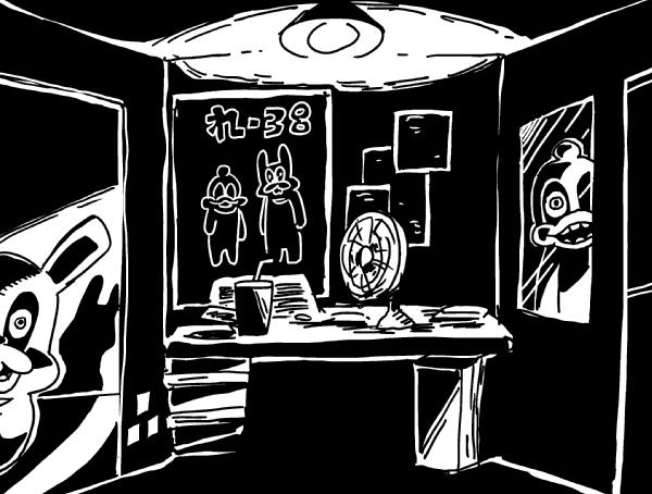 2boys artist_self-insert bkub ceiling_light cup dark doorway drinking_straw duckman eyeball fakkuma_(character) fan five_nights_at_freddy's greyscale hallway looking_at_viewer looking_out_window monochrome multiple_boys paper parody peeking_out poster_(object) shadow table teeth window