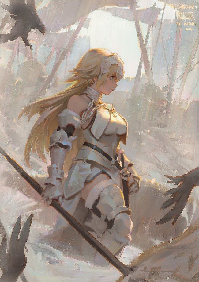 1girl armor armored_dress battlefield bird blonde_hair breastplate crow fate/grand_order fate_(series) gauntlets greaves holding holding_weapon jeanne_d'arc_(fate) jeanne_d'arc_(fate)_(all) krenz long_hair polearm sword weapon