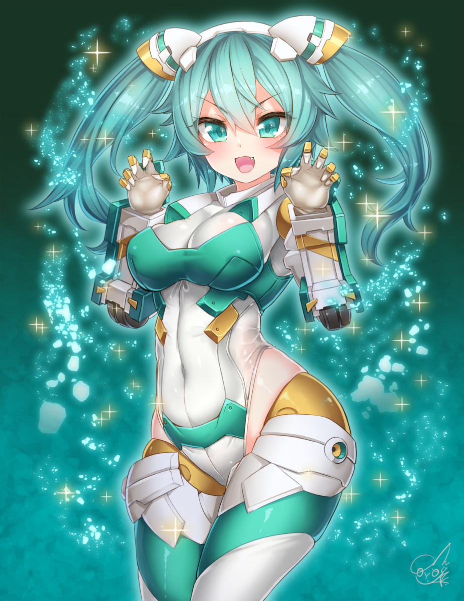 1girl aqua_eyes aqua_hair blush bodysuit breasts commentary_request covered_navel covered_nipples cowboy_shot desktop_army doyouwantto eyebrows_visible_through_hair fang frame_arms_girl gauntlets hair_between_eyes headgear highres legs_together long_hair looking_at_viewer mecha_musume open_mouth paws shiny shiny_clothes shiny_hair shiny_skin signature skin_tight smile solo sparkle standing sylphy_(desktop_army) twintails