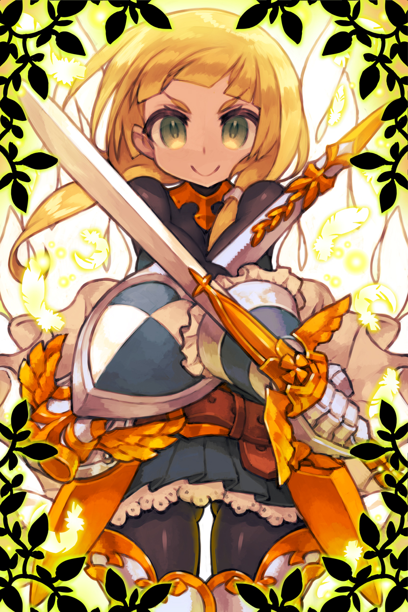 1girl ass_visible_through_thighs bangs belt belt_buckle black_legwear blonde_hair blue_skirt blunt_bangs brown_belt buckle closed_mouth eyebrows eyebrows_visible_through_hair facing_viewer feathers fencer_(sekaiju) green_eyes hair_tie highres holding holding_sword holding_weapon itsumo_nokoru legs_apart long_hair looking_at_viewer low_twintails miniskirt pantyhose pleated_skirt sekaiju_no_meikyuu skirt smile solo standing sword twintails v-shaped_eyebrows very_long_hair weapon