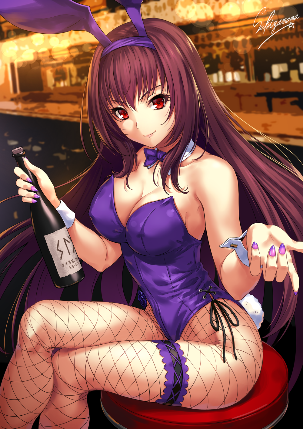 1girl animal_ears bangs bar bar_stool bare_shoulders bottle bow bowtie breasts bunny_girl bunny_tail bunnysuit cleavage detached_collar eyebrows_visible_through_hair fate/grand_order fate_(series) fishnet_pantyhose fishnets hair_between_eyes highleg highleg_leotard highres hips large_breasts leg_garter leotard long_hair looking_at_viewer nail_polish pantyhose purple_hair purple_leotard purple_nails rabbit_ears red_eyes sakiyamama scathach_(fate/grand_order) signature sitting smile solo stool tail thighs wine_bottle wrist_cuffs