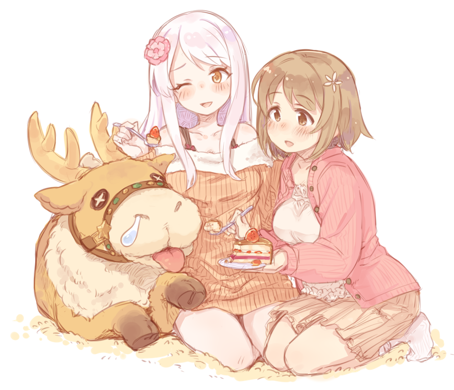 2girls 7010 :d ;d bare_shoulders blitzen blush breasts brown_eyes brown_hair cake commentary_request dress eve_santaclaus flower food fruit hair_flower hair_ornament idolmaster idolmaster_cinderella_girls long_hair medium_breasts mimura_kanako multiple_girls no_shoes off-shoulder_sweater one_eye_closed open_mouth plate reindeer ribbed_sweater short_hair simple_background skirt smile socks spoon strawberry sweater sweater_dress white_background white_hair white_legwear yellow_eyes
