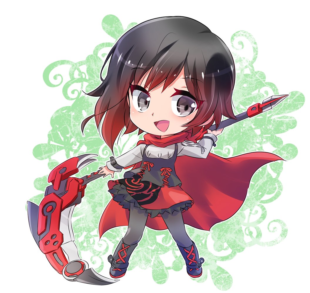 1girl alternate_costume black_hair cape chibi crescent_rose frilled_skirt frills highlights iesupa multicolored_hair redhead ruby_rose rwby rwby_chibi scythe skirt solo