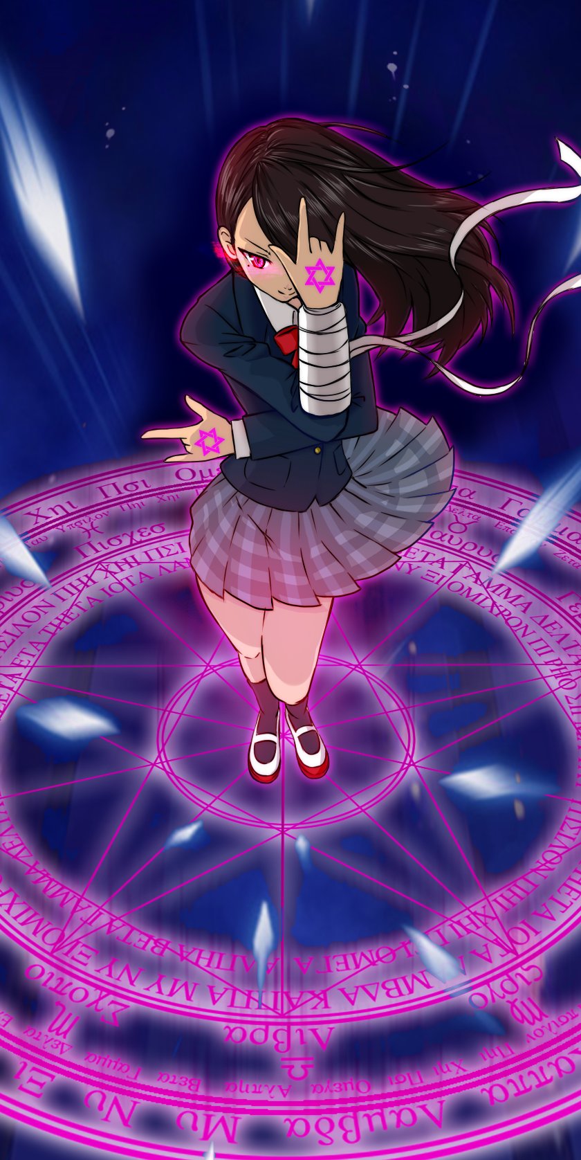 1girl \m/ aiuchi bandage black_hair black_legwear blue_background bow bowtie chuunibyou derivative_work double_\m/ floating_hair full_body glowing glowing_eye grey_skirt hexagram highres irasutoya long_hair magic_circle plaid plaid_skirt pleated_skirt pose red_bow red_neckwear school_uniform shoes simple_background skirt smile socks star_of_david uwabaki