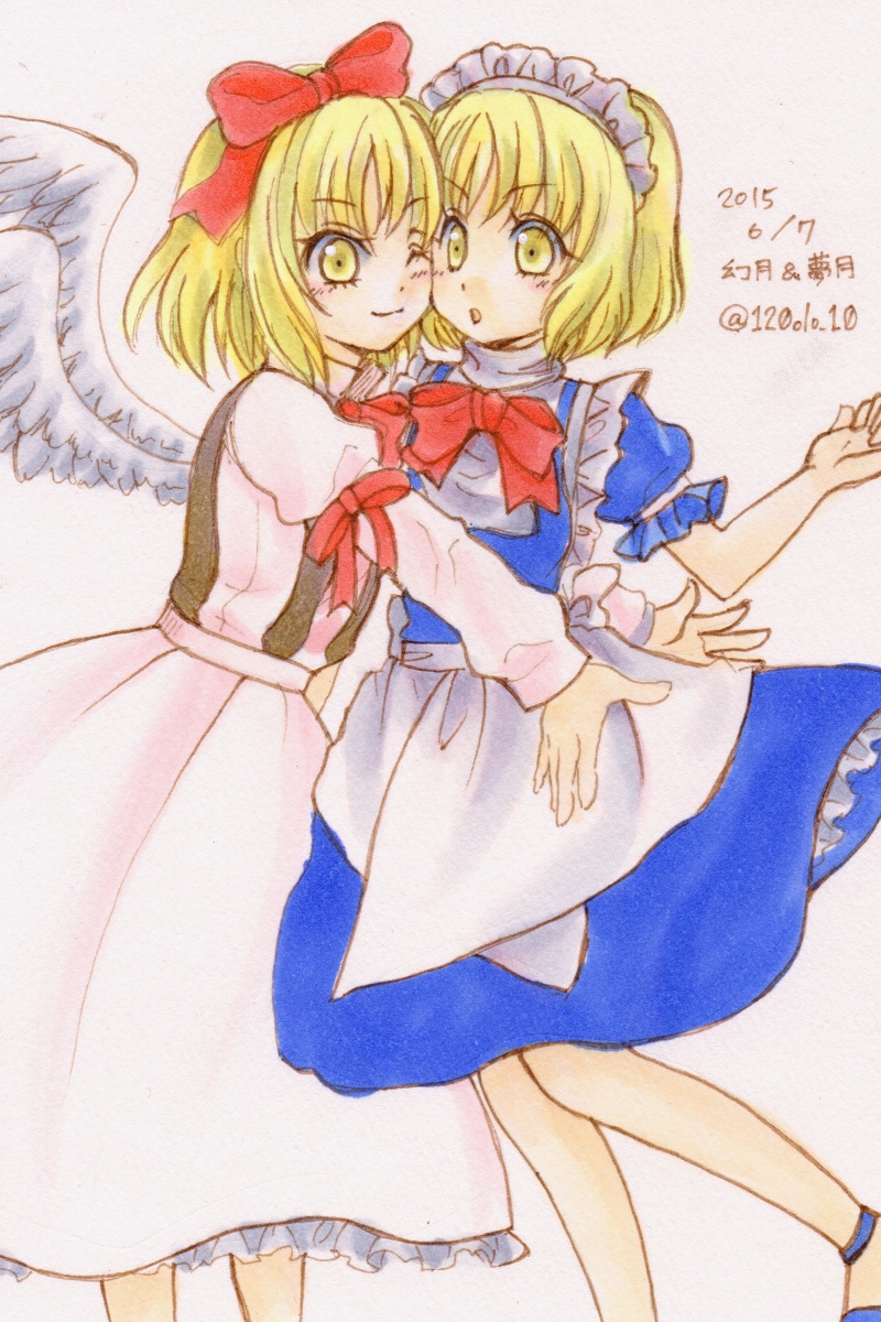 2015 2girls :o ;) apron bangs bare_arms blonde_hair blue_dress blue_footwear bow bowtie character_name closed_mouth dated dress eyebrows eyebrows_visible_through_hair feathered_wings gengetsu hair_bow highres hug io_(maryann_blue) long_skirt long_sleeves maid_apron maid_headdress mugetsu multiple_girls one_eye_closed open_mouth pink_shirt pink_skirt puffy_long_sleeves puffy_short_sleeves puffy_sleeves red_bow red_neckwear shirt short_hair short_sleeves siblings sisters skirt skirt_set smile touhou touhou_(pc-98) traditional_media twitter_username waist_apron white_apron white_wings wings yellow_eyes